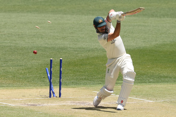Stumps rattled in Perth: Mitchell Marsh is bowled for 90.