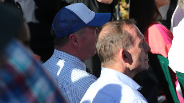 Former prime minister Tony Abbott, right, and former Nationals leader Barnaby Joyce  at the anti-abortion rally at Hyde Park.
