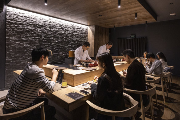 Chefs Tei Gim and Jun Pak behind their omakase counter at Aoi Tsuki in South Yarra.