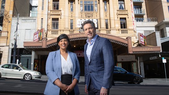 Lord Mayor Nicholas Reece and candidate for deputy lord mayor Roshena Campbell outside the Regent Theatre on Saturday.