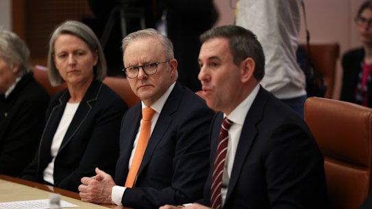 Prime Minister Anthony Albanese with Treasurer Jim Chalmers and Treasury secretary Jenny Wilkinson at the economic roundtable on Tuesday.