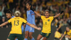 Australia’s Mary Fowler scores a goal against France in send-off friendly.