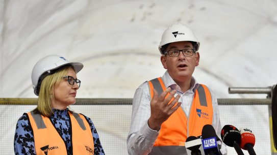 Premier Daniel Andrews and Jacinta Allan, minister for transport and infrastructure, at the Metro Tunnel’s Town Hall Station construction site earlier this month.  