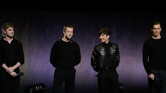 The cast of the Beatles biopics Paul Mescal, from left, Joseph Quinn, Barry Keoghan, and Harris Dickinson in Las Vegas on Monday.