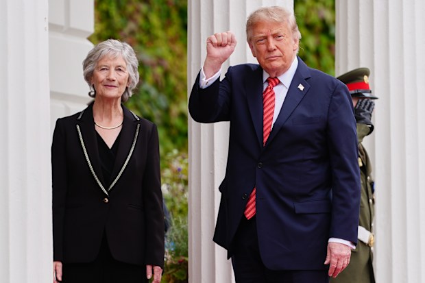Ireland’s President Catherine Connolly, left, greets U.S. President Donald Trump during a meeting at Áras an Uachtaráin in Dublin, Saturday, Sept. 12, 2026. 
