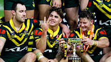 Isaah Yeo, Reece Walsh and Harry Grant of Australia celebrate the Ashes victory.