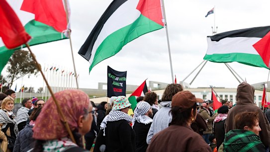 Pro-Palestine protesters outside Parliament House in Canberra on the first day of the new parliament last month.