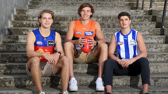 Will Ashcroft of the Lions, Aaron Cadman of the Giants and Harry Sheezel of the Kangaroos.