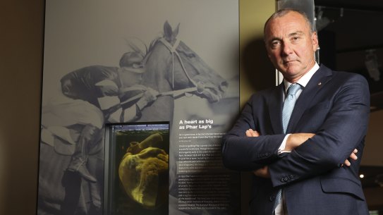 Dr Mathew Trinca, director of the National Museum of Australia, with the Phar Lap’s heart exhibit at the National Museum of Australia in Canberra earlier this week.