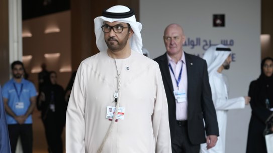 COPP28 President Sultan al-Jaber walks through Expo City ahead of the COP28 UN Climate Summit.