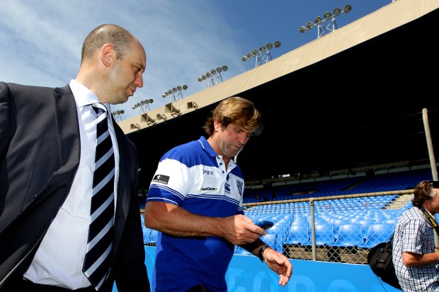 Todd Greenberg shows Des Hasler around Belmore on his first day at the club in 2012.