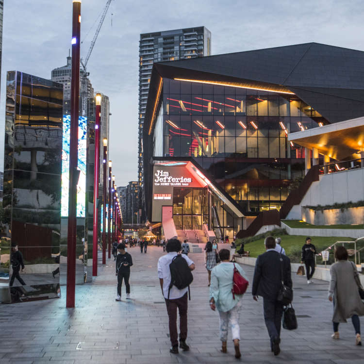 The 20-metre wide boulevard looking towards the ICC Theatre and new apartment buildings at Darling Square.
