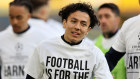 Leeds United warm up with a message about the Super League plans before their match against Liverpool, which is one of the breakaway teams. 