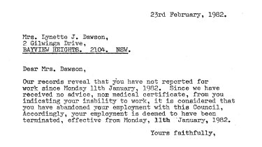 Lynette Dawson’s employment as a nurse at Warriewood Children’s Centre was terminated after she did not show up for work on Monday, January 11, 1982.