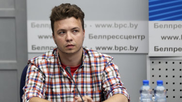 A ‘hostage’: Belarusian dissident journalist Raman Pratasevich at a news conference at the National Press Centre of Belarusian Ministry of Foreign Affairs in Minsk.