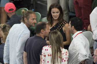 Hemmes with former partner Kate Fowler and friends Josh Frydenberg and Ryan Stokes at the 2018 Australian Open men’s final.
