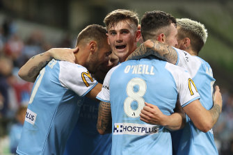 Connor Metcalfe of Melbourne City celebrates after scoring a goal.
