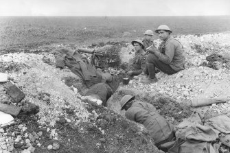 Herbert Lovett was a member of the 5th Australian Machine Gun Battalion. This picture shows members of that battalion at Villers-Bretonneux in France.
