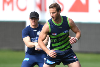 Lachie Henderson at Geelong training on Tuesday.