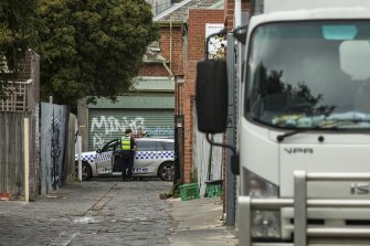 Police in Ripponlea outside a synagogue on Tuesday.