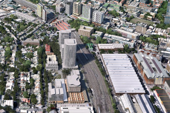 An artist's impression of the redeveloped Paint Shop precinct, on the left, opposite Carriageworks.