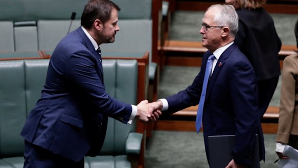 Labor MP Ed Husic and Prime Minister Malcolm Turnbull shake hands on Wednesday.