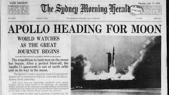 Apollo Heading for the Moon. The front page of the Herald, 17 July 1969.