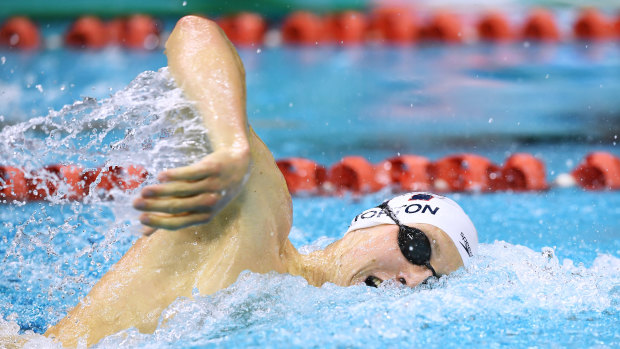 Mack Horton competes in the men’s 400m freestyle heat, in which he finished second to Jack McLoughlin, during the Australian National Olympic Swimming Trials in Adelaide.