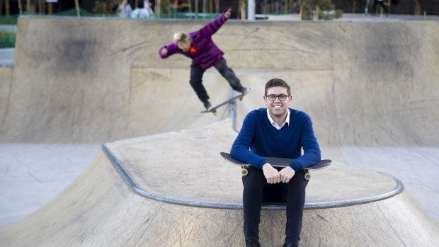 Ryde mayor Jerome Laxale at the Meadowbank skate park, built using money from the Stronger Communities Fund.