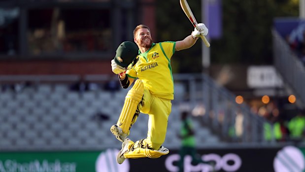 David Warner celebrates after scoring a century.