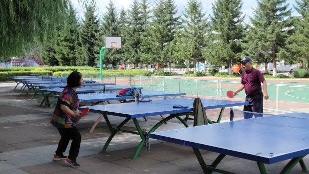 Tumen citizens play ping pong in a park.