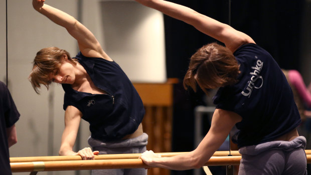 Bolshoi Ballet Principal dancer Denis Rodkin warms up in QPAC rehearsal room.