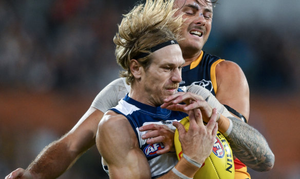 Geelong’s champion defender Tom Stewart was a problem all night for Luke Pedlar and the Crows.