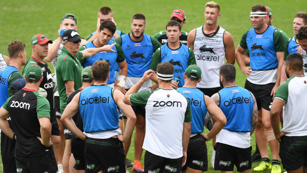 New man in charge: Wayne Bennett addresses the Souths players.