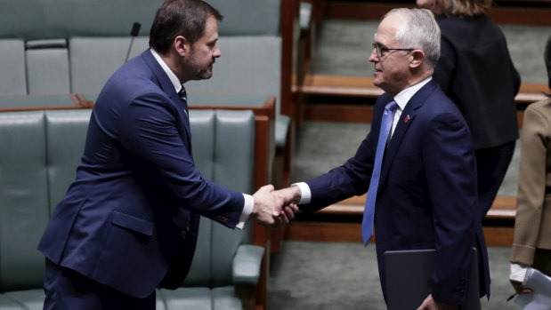 Labor MP Ed Husic and Prime Minister Malcolm Turnbull shake hands on Wednesday.