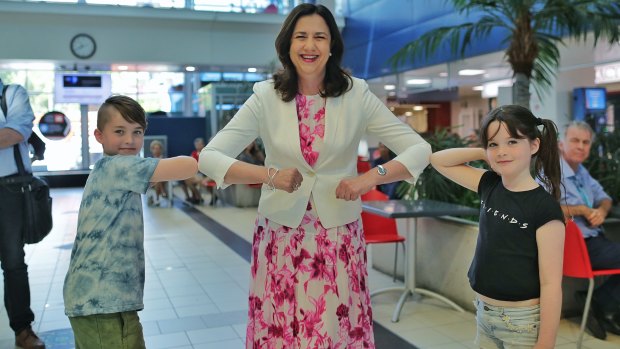 Premier Annastacia Palaszczuk with young fans Jack and Billie at the Royal Brisbane and Women's Hospital on Sunday.