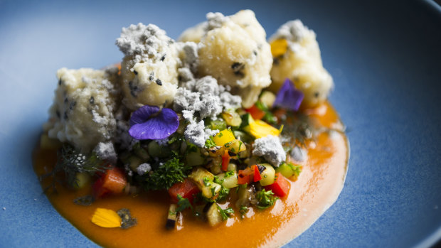Queen's Terrace Cafe offering tempura saffron pickled scallops, spring vegetable ratatouille, ash malto. 