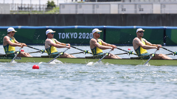 Jack Cleary, Caleb Antill, Cameron Girdlestone, and Luke Letcher compete during heat one of the Men’s Quadruple Sculls.