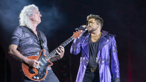 Brian May and Adam Lambert in Perth on Sunday night.