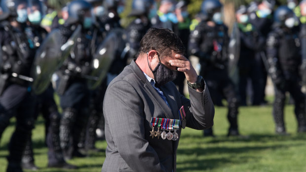 A man visibly upset at the Shrine. Victoria Police Deputy Commissioner Ross Guenther said it was “completely disrespectful” the protesters gathered there. 