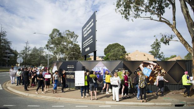 Unions ACT protest about Geocon's sexualised advertising outside Geocon's building site for Tryst. 