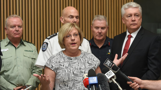 Emergency Services Minister Lisa Neville announces the new Fire Rescue Victoria Commissioner Ken Block (far right).