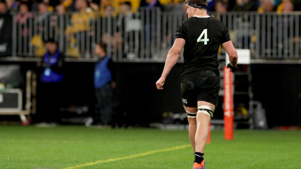   Scott Barrett leaves the field after receiving a red card for a shoulder charge on Michael Hooper.