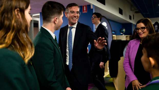 NSW Premier Dominic Perrottet   and Education Minister Sarah Mitchell at the new Meadowbank Public School on Wednesday.