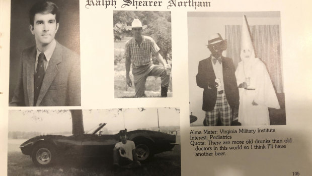 This image shows Virginia Governor Ralph Northam’s page in his 1984 Eastern Virginia Medical School yearbook. It's unclear who the people in the picture are, but the rest of the page is filled with pictures of Northam and lists his undergraduate alma mater and other information about him. 