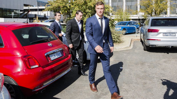 Raiders player Jack Wighton leaves the ACT Magistrates Court.