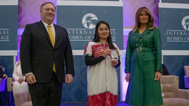 US Secretary of State Michael Pompeo and US first lady Melania Trump present Naw Knyaw Paw with the 2019 International Women of Courage Award in Washington in March.