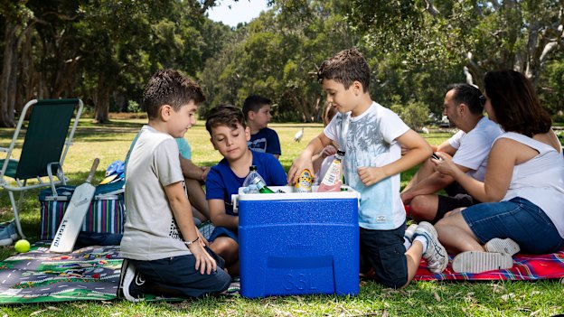 The Kalithrakas and Sveronis families picnic with their cooler at Centennial Park in Sydney.