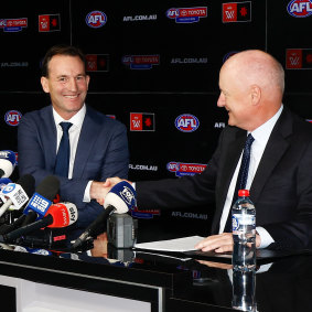 Goyder announces in May that Andrew Dillon (left) will be the next AFL chief executive.