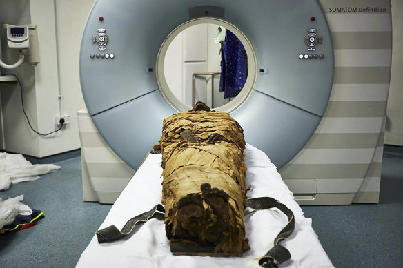 The mummy of Nesyamun, a priest who lived in Thebes about 3000 years ago, ready for CT scanning. Scientists used a 3D printer, a loudspeaker and computer software to recreate a part of his voice.